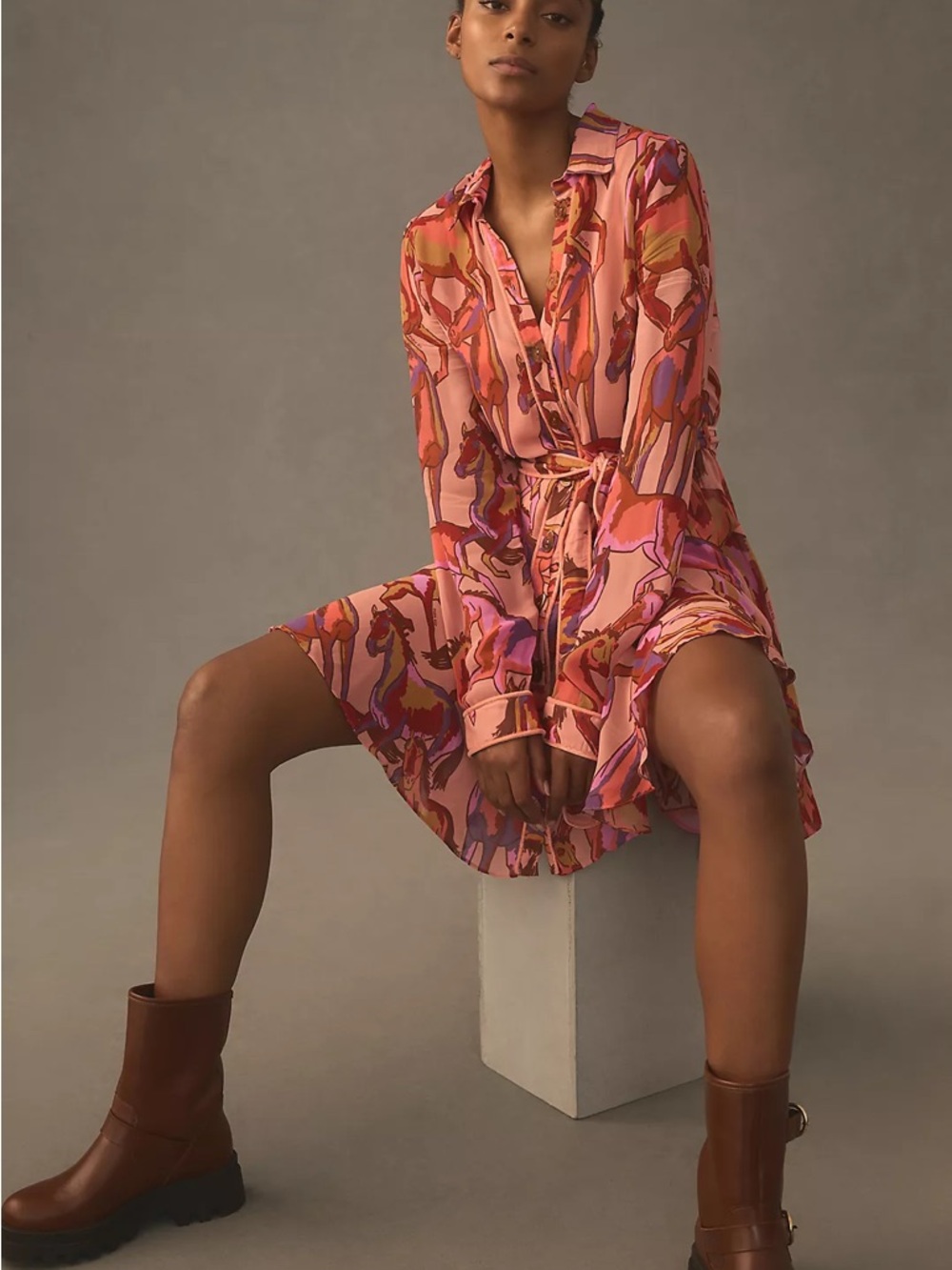 NWT FARM RIO Wild Horses Rose Long Sleeve Mini Dress